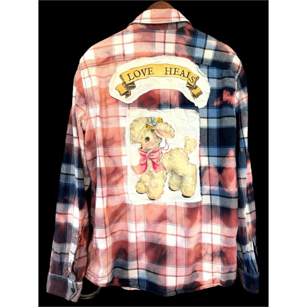 Upcycled Patchwork Flannel Shirt Large | Love Heals Lamb Folk Art - Picture 2 of 7